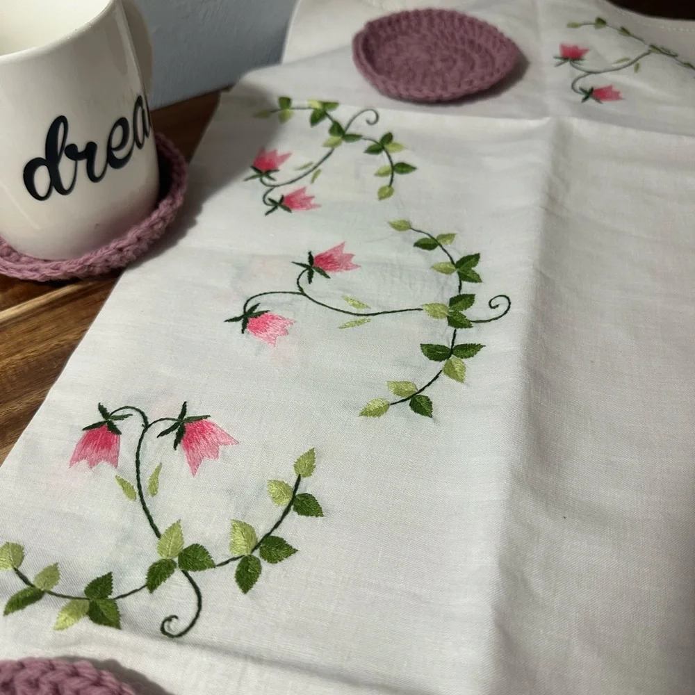 Handmade Mauve Crochet Coaster Set Vintage Hand Embroidered table topper
